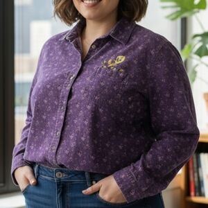 Tweety Bird Looney Tunes Button Up Long Sleeved Blouse  Purple Floral